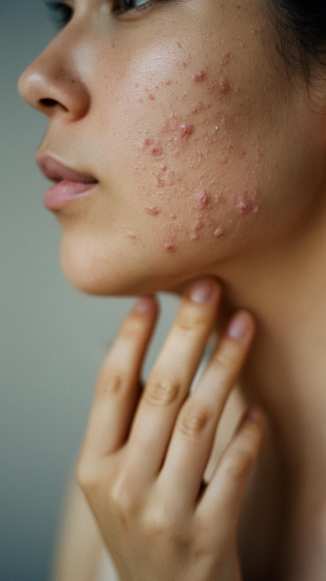 Perfil editorial de mujer joven con acné en la mandíbula y mano apoyada en el cuello