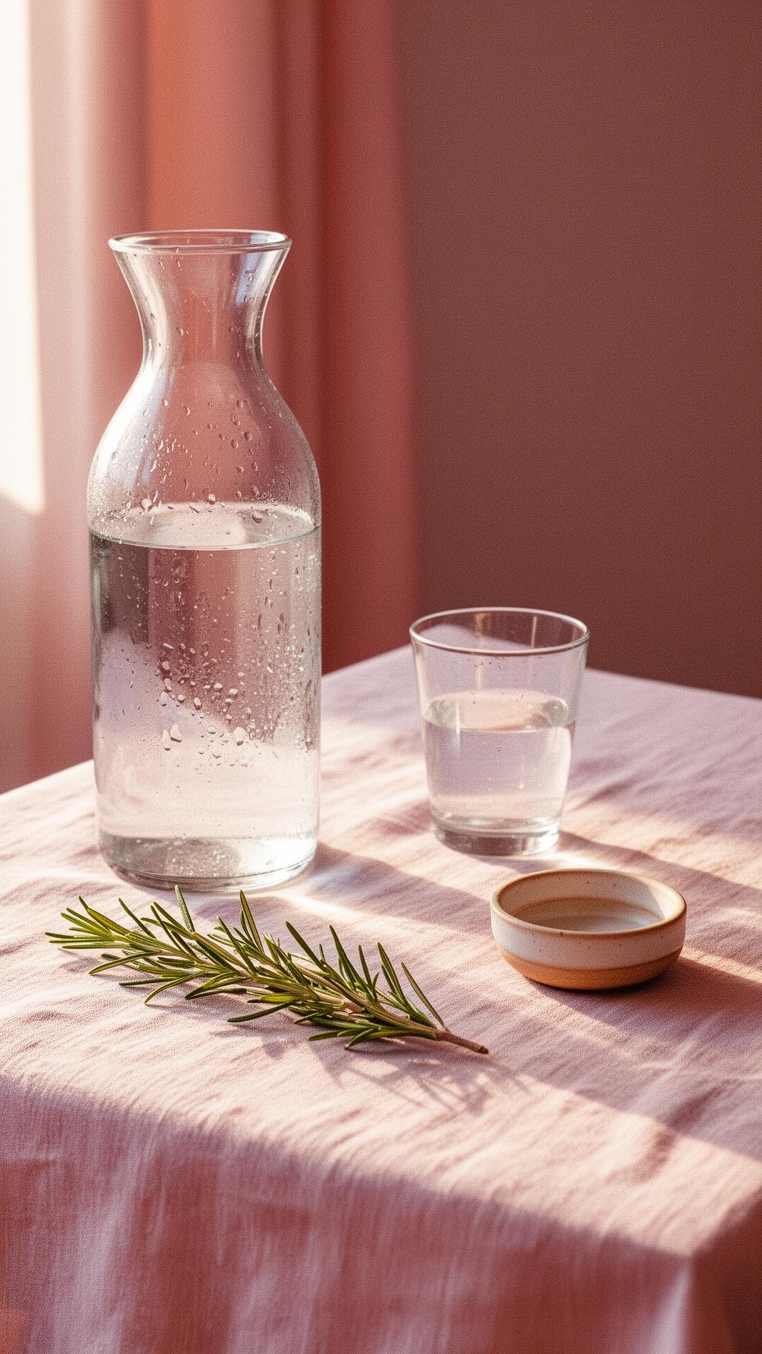 Bodegón con jarra de agua y vaso sobre mantel de lino rosado