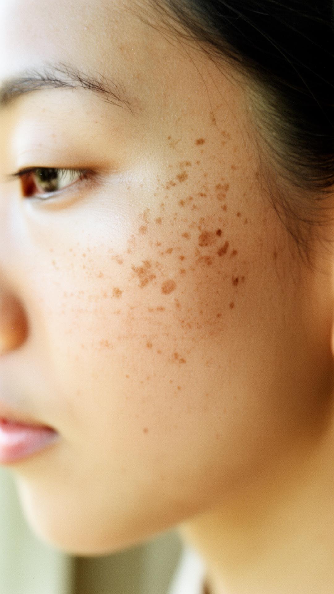 Primer plano editorial del pómulo de una mujer con manchas solares y pecas