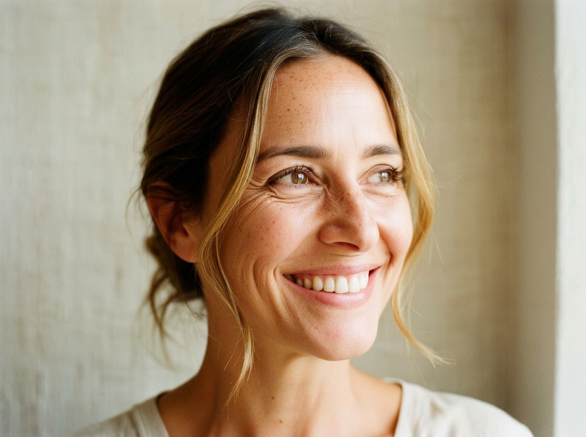 Retrato editorial de mujer madura con cabello plateado y piel natural en calma